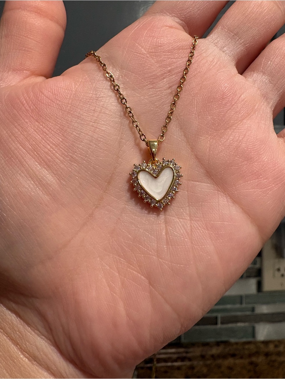 Gold Heart Pendant Necklace with White Mother-of-Pearl and Crystal Halo